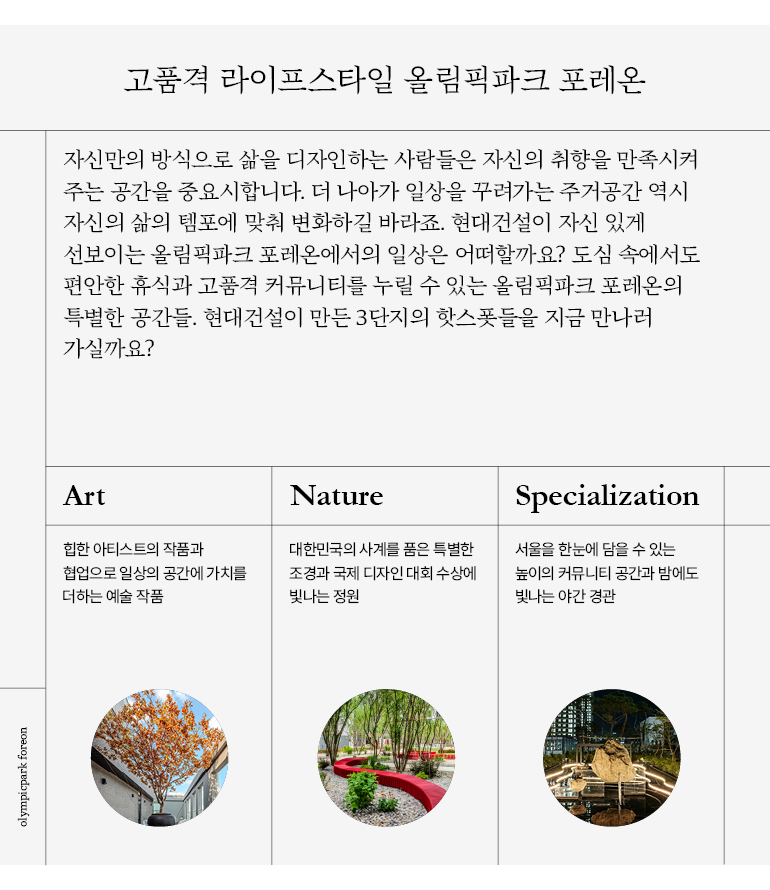 자신만의 방식으로 삶을 디자인하는 사람들은 자신의 취향을 만족시켜  주는 공간을 중요시합니다. 더 나아가 일상을 꾸려가는 주거공간 역시  자신의 삶의 템포에 맞춰 변화하길 바라죠. 현대건설이 자신 있게  선보이는 올림픽파크 포레온에서의 일상은 어떠할까요? 